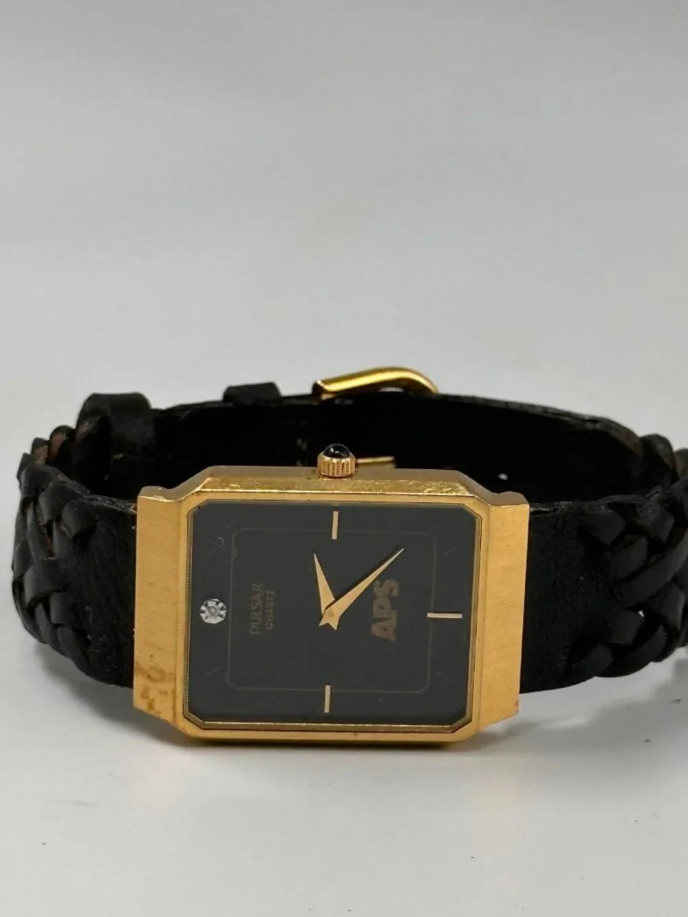 Vintage Pulsar Men Watch Gold Tone Black Dial APS Logo Leather Band New Battery